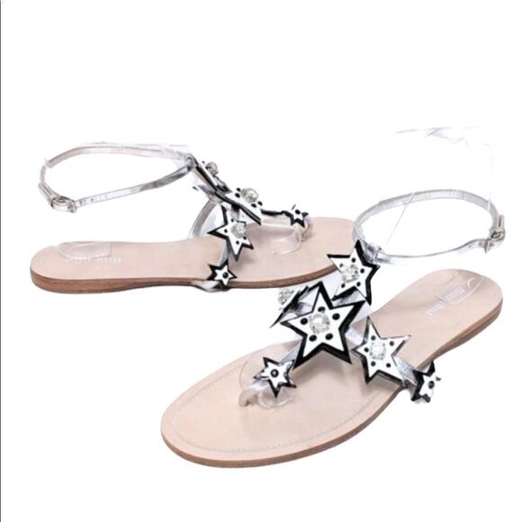 NWOB MIU MIU Stars Celestial Boho Ankle Wrap Leather Thong Sandals 39 - Picture 3 of 9